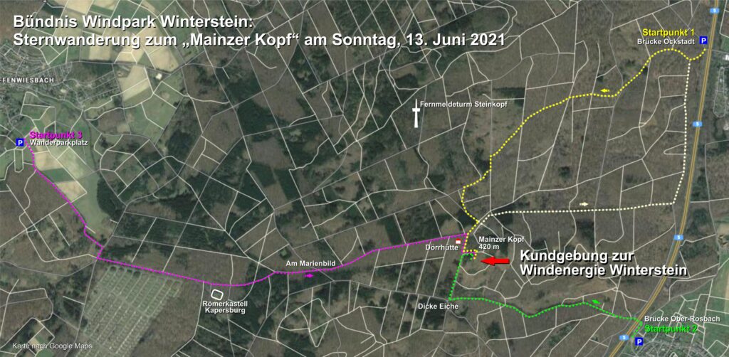 Karte mit den drei Startpunkten und Routen unserer Sternwanderung