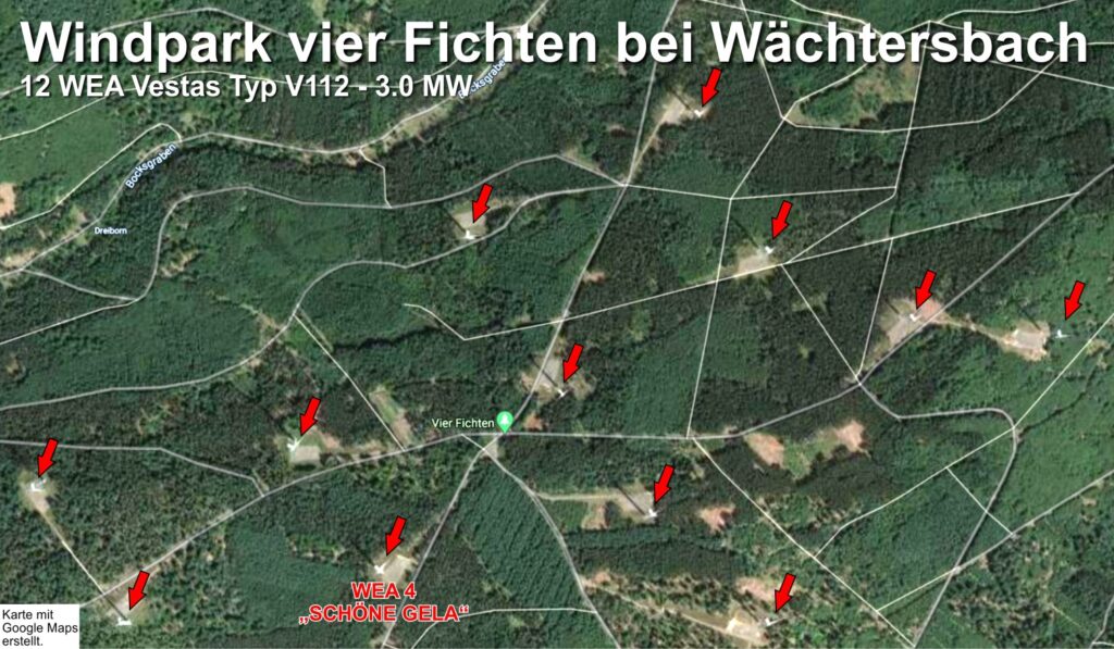 Lage der 12 Windenergieanlagen des Windparks "Vier Fichten"