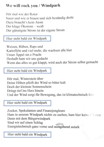Hier noch eine illegale Raubkopie der neuen Windparkhymne 'Hier steht bald ein Windpark', von Jürgen Wagner. Singen ist erlaubt, Vervielfältigung jeglicher Art dagegen strengstens untersagt.